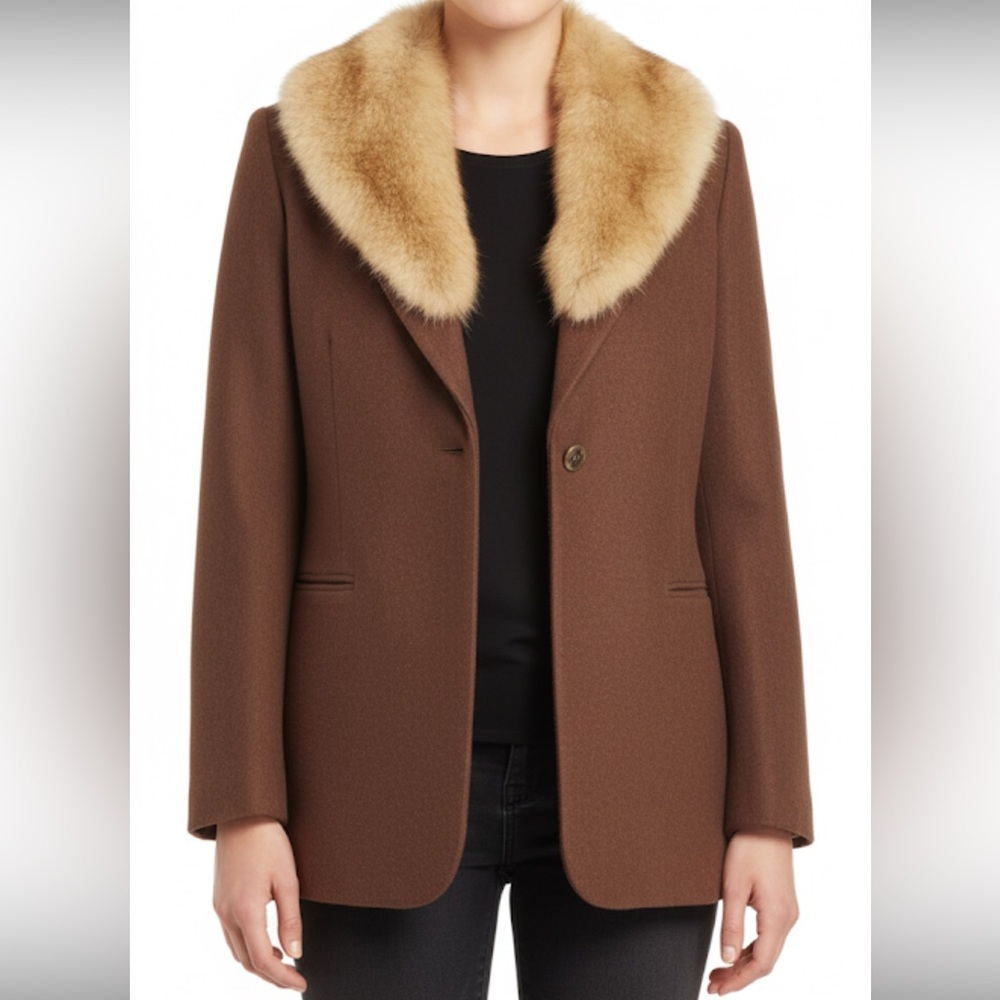 FINITY Studio Brown‎ Wool and Cashmere Blazer Coat with Genuine Fur Collar –